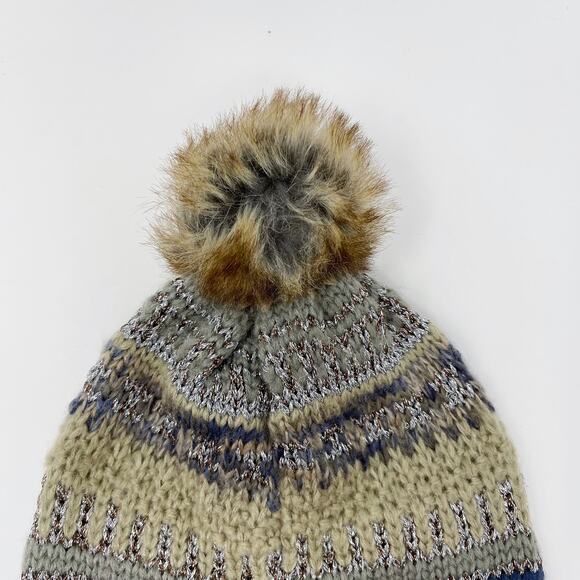 Boutique Striped Knit Beanie Hat with Pom Pom Cream Blue Button Detail - Picture 5 of 6